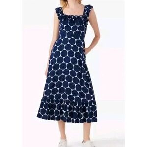 Kate Spade Joy Dot Ruffle Midi Dress Parisian Navy Blue Polka Dot Size XL